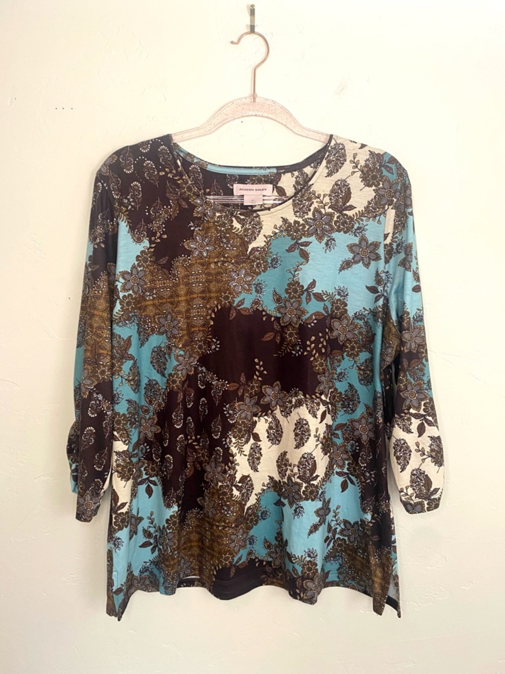 Allison Daley XL Turquoise Brown Floral Patchwork Long Sleeve Top Rhinestones